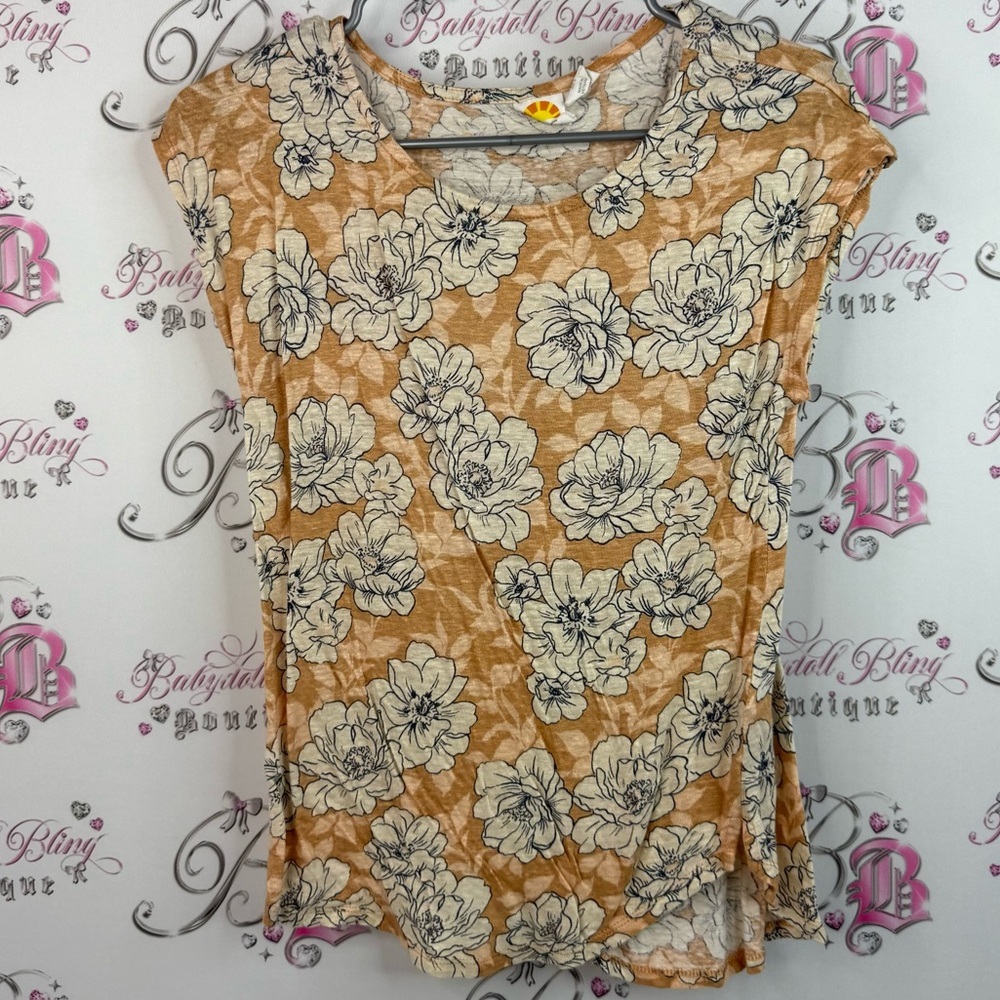 C&C California t-shirt, flowers 100% linen orange tan Tan Floral Blouse